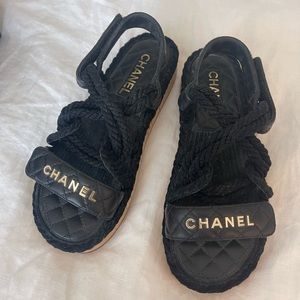 Cord and Lambskin Chanel Quilted Sandals Size 38